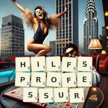 Kreative Illustration für ein Scrabble-Spiel, bei dem das Wort HILFSPROFESSUR mit Steinen auf dem Brett gelegt wurde.