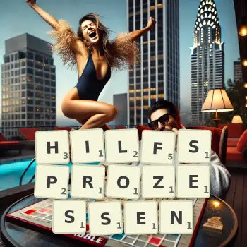 Kreative Illustration für ein Scrabble-Spiel, bei dem das Wort HILFSPROZESSEN mit Steinen auf dem Brett gelegt wurde.