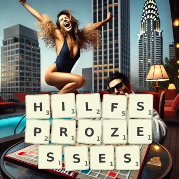 Kreative Illustration für ein Scrabble-Spiel, bei dem das Wort HILFSPROZESSES mit Steinen auf dem Brett gelegt wurde.