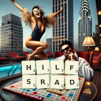 Kreative Illustration für ein Scrabble-Spiel, bei dem das Wort HILFSRAD mit Steinen auf dem Brett gelegt wurde.