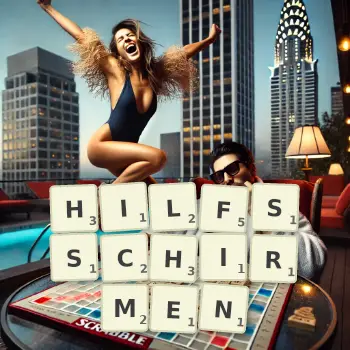 Kreative Illustration für ein Scrabble-Spiel, bei dem das Wort HILFSSCHIRMEN mit Steinen auf dem Brett gelegt wurde.