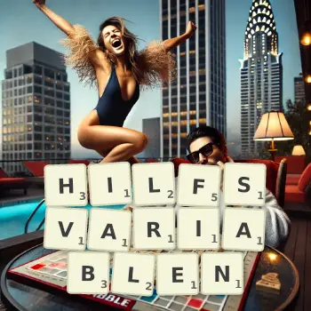 Kreative Illustration für ein Scrabble-Spiel, bei dem das Wort HILFSVARIABLEN mit Steinen auf dem Brett gelegt wurde.