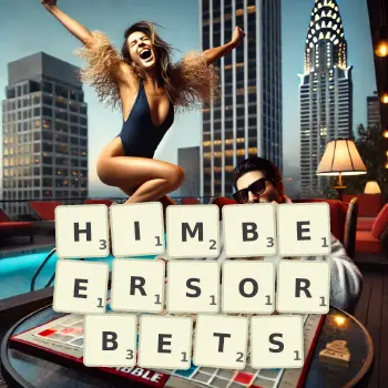 Kreative Illustration für ein Scrabble-Spiel, bei dem das Wort HIMBEERSORBETS mit Steinen auf dem Brett gelegt wurde.