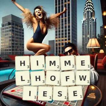 Kreative Illustration für ein Scrabble-Spiel, bei dem das Wort HIMMELHOFWIESE mit Steinen auf dem Brett gelegt wurde.