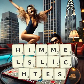 Kreative Illustration für ein Scrabble-Spiel, bei dem das Wort HIMMELSLICHTES mit Steinen auf dem Brett gelegt wurde.