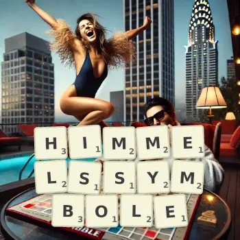 Kreative Illustration für ein Scrabble-Spiel, bei dem das Wort HIMMELSSYMBOLE mit Steinen auf dem Brett gelegt wurde.