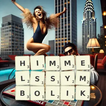 Kreative Illustration für ein Scrabble-Spiel, bei dem das Wort HIMMELSSYMBOLIK mit Steinen auf dem Brett gelegt wurde.