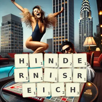 Kreative Illustration für ein Scrabble-Spiel, bei dem das Wort HINDERNISREICH mit Steinen auf dem Brett gelegt wurde.