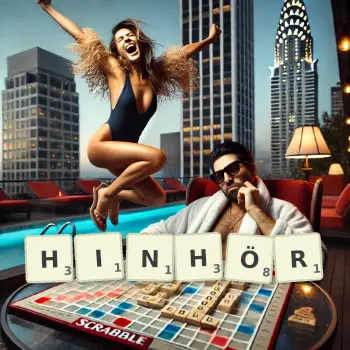 Kreative Illustration für ein Scrabble-Spiel, bei dem das Wort HINHÖR mit Steinen auf dem Brett gelegt wurde.