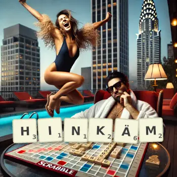 Kreative Illustration für ein Scrabble-Spiel, bei dem das Wort HINKÄM mit Steinen auf dem Brett gelegt wurde.