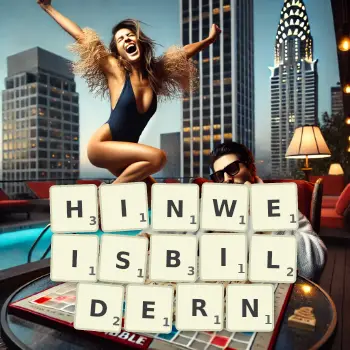 Kreative Illustration für ein Scrabble-Spiel, bei dem das Wort HINWEISBILDERN mit Steinen auf dem Brett gelegt wurde.