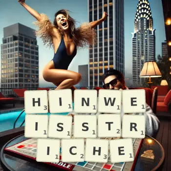 Kreative Illustration für ein Scrabble-Spiel, bei dem das Wort HINWEISSTRICHE mit Steinen auf dem Brett gelegt wurde.