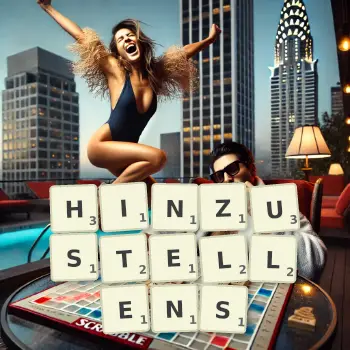 Kreative Illustration für ein Scrabble-Spiel, bei dem das Wort HINZUSTELLENS mit Steinen auf dem Brett gelegt wurde.