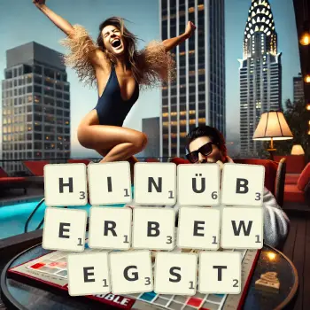 Kreative Illustration für ein Scrabble-Spiel, bei dem das Wort HINÜBERBEWEGST mit Steinen auf dem Brett gelegt wurde.