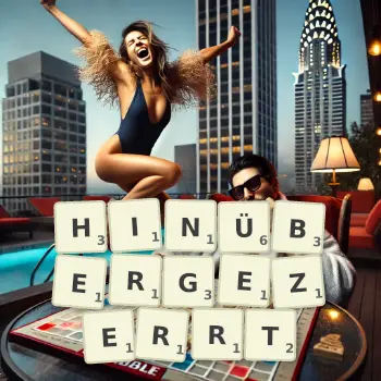 Kreative Illustration für ein Scrabble-Spiel, bei dem das Wort HINÜBERGEZERRT mit Steinen auf dem Brett gelegt wurde.