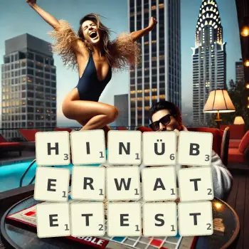 Kreative Illustration für ein Scrabble-Spiel, bei dem das Wort HINÜBERWATETEST mit Steinen auf dem Brett gelegt wurde.