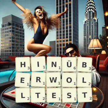 Kreative Illustration für ein Scrabble-Spiel, bei dem das Wort HINÜBERWOLLTEST mit Steinen auf dem Brett gelegt wurde.