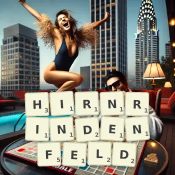 Kreative Illustration für ein Scrabble-Spiel, bei dem das Wort HIRNRINDENFELD mit Steinen auf dem Brett gelegt wurde.