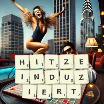 Kreative Illustration für ein Scrabble-Spiel, bei dem das Wort HITZEINDUZIERT mit Steinen auf dem Brett gelegt wurde.