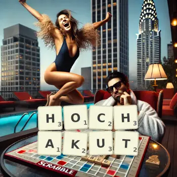 Kreative Illustration für ein Scrabble-Spiel, bei dem das Wort HOCHAKUT mit Steinen auf dem Brett gelegt wurde.
