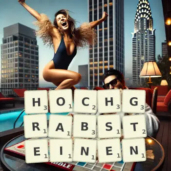Kreative Illustration für ein Scrabble-Spiel, bei dem das Wort HOCHGRABSTEINEN mit Steinen auf dem Brett gelegt wurde.
