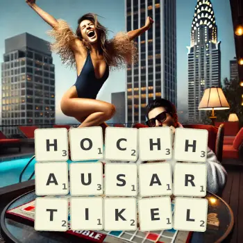 Kreative Illustration für ein Scrabble-Spiel, bei dem das Wort HOCHHAUSARTIKEL mit Steinen auf dem Brett gelegt wurde.