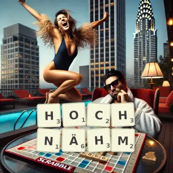 Kreative Illustration für ein Scrabble-Spiel, bei dem das Wort HOCHNÄHM mit Steinen auf dem Brett gelegt wurde.