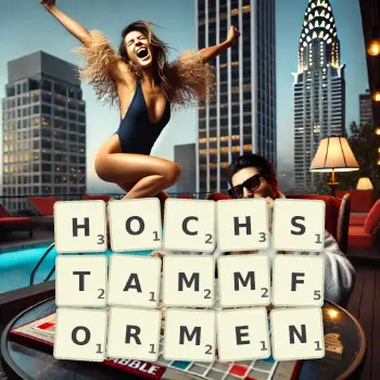 Kreative Illustration für ein Scrabble-Spiel, bei dem das Wort HOCHSTAMMFORMEN mit Steinen auf dem Brett gelegt wurde.