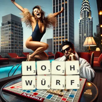 Kreative Illustration für ein Scrabble-Spiel, bei dem das Wort HOCHWÜRF mit Steinen auf dem Brett gelegt wurde.