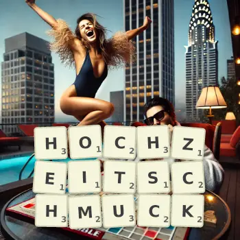 Kreative Illustration für ein Scrabble-Spiel, bei dem das Wort HOCHZEITSCHMUCK mit Steinen auf dem Brett gelegt wurde.