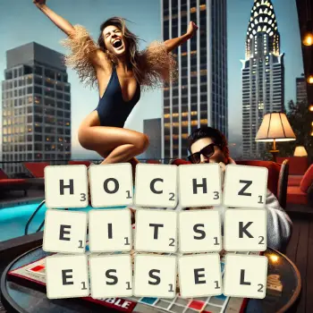 Kreative Illustration für ein Scrabble-Spiel, bei dem das Wort HOCHZEITSKESSEL mit Steinen auf dem Brett gelegt wurde.