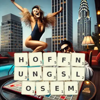 Kreative Illustration für ein Scrabble-Spiel, bei dem das Wort HOFFNUNGSLOSEM mit Steinen auf dem Brett gelegt wurde.