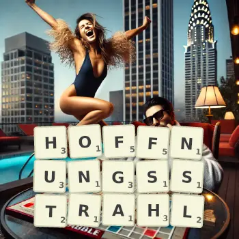 Kreative Illustration für ein Scrabble-Spiel, bei dem das Wort HOFFNUNGSSTRAHL mit Steinen auf dem Brett gelegt wurde.