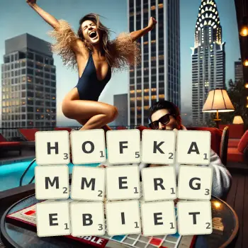 Kreative Illustration für ein Scrabble-Spiel, bei dem das Wort HOFKAMMERGEBIET mit Steinen auf dem Brett gelegt wurde.