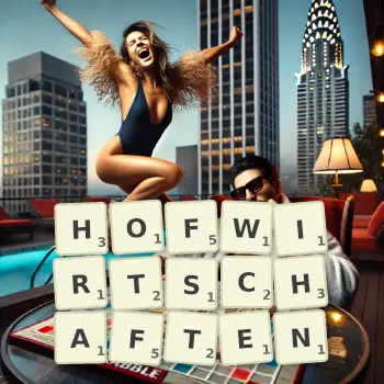 Kreative Illustration für ein Scrabble-Spiel, bei dem das Wort HOFWIRTSCHAFTEN mit Steinen auf dem Brett gelegt wurde.
