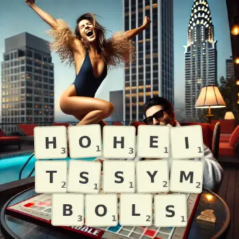 Kreative Illustration für ein Scrabble-Spiel, bei dem das Wort HOHEITSSYMBOLS mit Steinen auf dem Brett gelegt wurde.