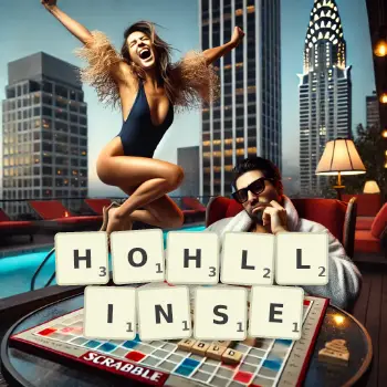 Kreative Illustration für ein Scrabble-Spiel, bei dem das Wort HOHLLINSE mit Steinen auf dem Brett gelegt wurde.