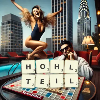 Kreative Illustration für ein Scrabble-Spiel, bei dem das Wort HOHLTEIL mit Steinen auf dem Brett gelegt wurde.