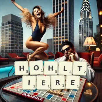 Kreative Illustration für ein Scrabble-Spiel, bei dem das Wort HOHLTIERE mit Steinen auf dem Brett gelegt wurde.