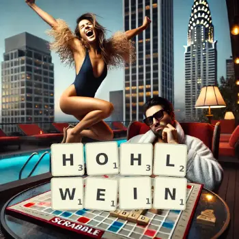 Kreative Illustration für ein Scrabble-Spiel, bei dem das Wort HOHLWEIN mit Steinen auf dem Brett gelegt wurde.