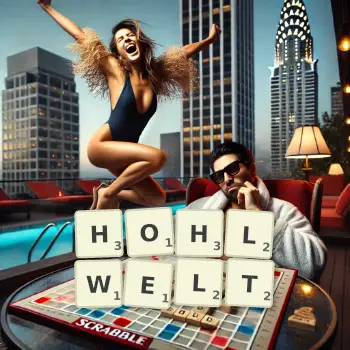 Kreative Illustration für ein Scrabble-Spiel, bei dem das Wort HOHLWELT mit Steinen auf dem Brett gelegt wurde.