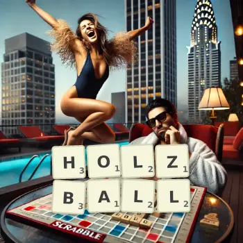 Kreative Illustration für ein Scrabble-Spiel, bei dem das Wort HOLZBALL mit Steinen auf dem Brett gelegt wurde.