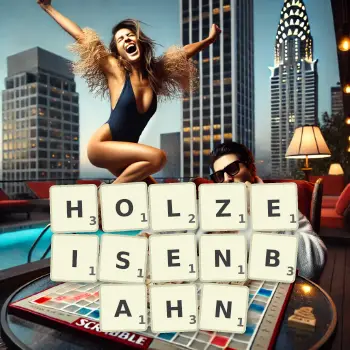 Kreative Illustration für ein Scrabble-Spiel, bei dem das Wort HOLZEISENBAHN mit Steinen auf dem Brett gelegt wurde.