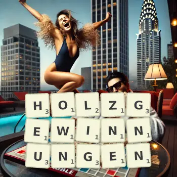 Kreative Illustration für ein Scrabble-Spiel, bei dem das Wort HOLZGEWINNUNGEN mit Steinen auf dem Brett gelegt wurde.