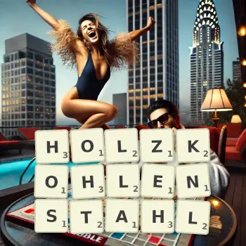 Kreative Illustration für ein Scrabble-Spiel, bei dem das Wort HOLZKOHLENSTAHL mit Steinen auf dem Brett gelegt wurde.
