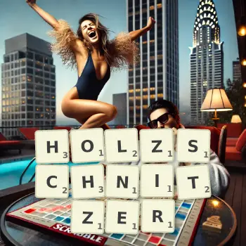 Kreative Illustration für ein Scrabble-Spiel, bei dem das Wort HOLZSCHNITZER mit Steinen auf dem Brett gelegt wurde.