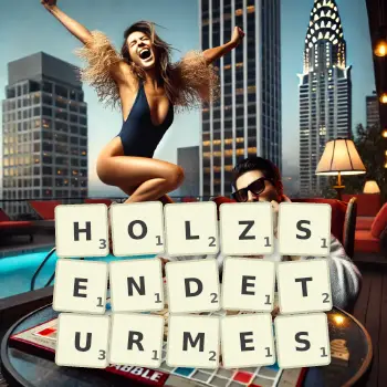 Kreative Illustration für ein Scrabble-Spiel, bei dem das Wort HOLZSENDETURMES mit Steinen auf dem Brett gelegt wurde.