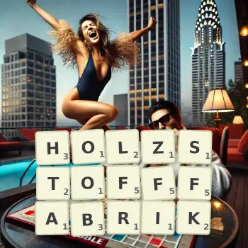 Kreative Illustration für ein Scrabble-Spiel, bei dem das Wort HOLZSTOFFFABRIK mit Steinen auf dem Brett gelegt wurde.