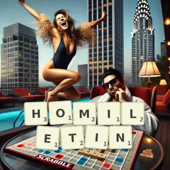 Kreative Illustration für ein Scrabble-Spiel, bei dem das Wort HOMILETIN mit Steinen auf dem Brett gelegt wurde.
