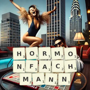 Kreative Illustration für ein Scrabble-Spiel, bei dem das Wort HORMONFACHMANN mit Steinen auf dem Brett gelegt wurde.